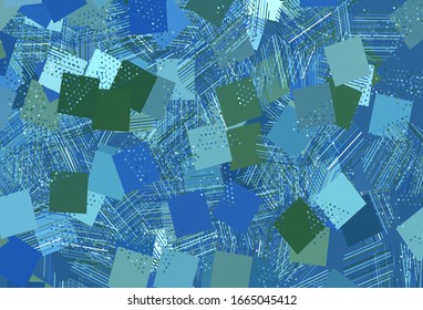 Azul claro, Diseño vectorial verde con círculos, líneas, rectángulos. Decoración de estilo abstracto con líneas, puntos, cubos. Plan para folletos y folletos