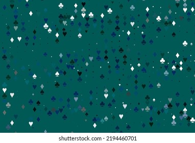 Light Blue, Green vector layout with elements of cards. Blurred decorative design of hearts, spades, clubs, diamonds. Pattern for booklets, leaflets of gambling houses.