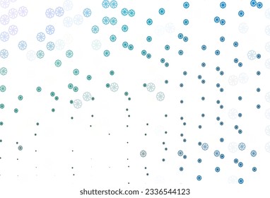 Hellblau, Grüne Vektorgrafik mit hellen Schneeflocken. Dekorative leuchtende Illustration mit Schnee auf abstrakter Vorlage. Die Vorlage kann als Hintergrund für ein neues Jahr verwendet werden.