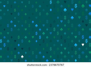 Light blue, green vector layout with elements of cards. Colorful gradient with signs of hearts, spades, clubs, diamonds. Smart design for your business advert of casinos.