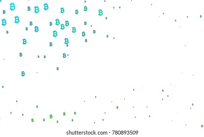 Light Blue, Green vector layout with banking symbols. Shining colored illustration with Bitcoin signs, BTC. Template can be used as a background for ads of markets, loans.