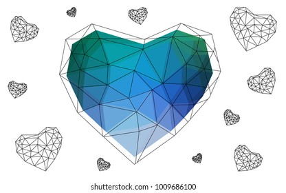 Light Blue, Green vector love background with heart. Paper note. Valentine's greeting polygonal card. Triangular illustration for your business. Stock template for your design.
