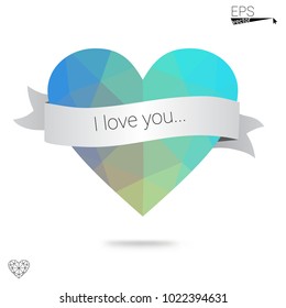 Light Blue, Green vector love background with heart. Paper note. Valentine's greeting polygonal card. Triangular illustration for your business. Stock template for your design.