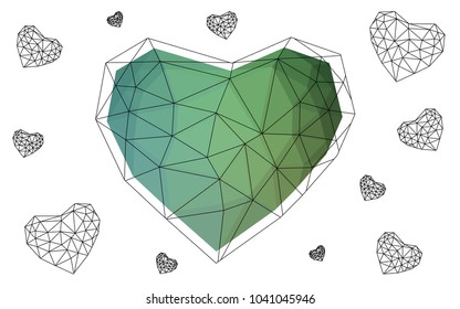 Light Blue, Green vector love background with heart. Paper note. Valentine's greeting polygonal card. Triangular illustration for your business. Stock template for your design.
