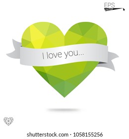 Light Blue, Green vector love background with heart. Paper note. Valentine's greeting polygonal card. Triangular illustration for your business. Stock template for your design.