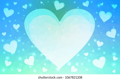 Light Blue, Green vector love background with heart. Paper note. Valentine's greeting polygonal card. Triangular illustration for your business. Stock template for your design.