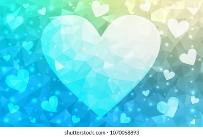 Light Blue, Green vector love background with heart. Paper note. Valentine's greeting polygonal card. Triangular illustration for your business. Stock template for your design.