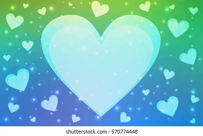 Light Blue, Green vector love background with heart. Paper note. Valentine's greeting polygonal card. Triangular illustration for your business. Stock template for your design.