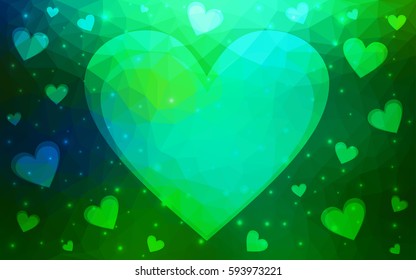 Light Blue, Green vector love background with heart. Paper note. Valentine's greeting polygonal card. Triangular illustration for your business. Stock template for your design.
