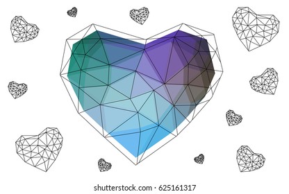 Light Blue, Green vector love background with heart. Paper note. Valentine's greeting polygonal card. Triangular illustration for your business. Stock template for your design.