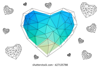 Light Blue, Green vector love background with heart. Paper note. Valentine's greeting polygonal card. Triangular illustration for your business. Stock template for your design.