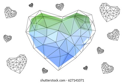 Light Blue, Green vector love background with heart. Paper note. Valentine's greeting polygonal card. Triangular illustration for your business. Stock template for your design.