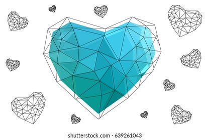 Light Blue, Green vector love background with heart. Paper note. Valentine's greeting polygonal card. Triangular illustration for your business. Stock template for your design.