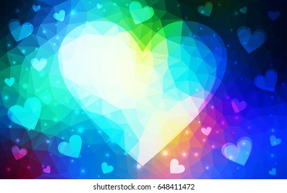 Light Blue, Green vector love background with heart. Paper note. Valentine's greeting polygonal card. Triangular illustration for your business. Stock template for your design.