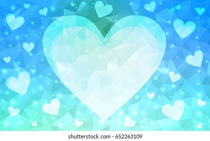 Light Blue, Green vector love background with heart. Paper note. Valentine's greeting polygonal card. Triangular illustration for your business. Stock template for your design.