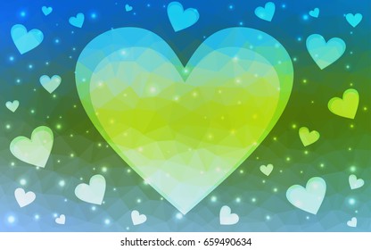 Light Blue, Green vector love background with heart. Paper note. Valentine's greeting polygonal card. Triangular illustration for your business. Stock template for your design.