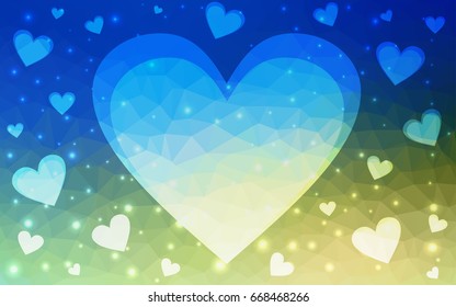 Light Blue, Green vector love background with heart. Paper note. Valentine's greeting polygonal card. Triangular illustration for your business. Stock template for your design.