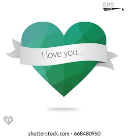 Light Blue, Green vector love background with heart. Paper note. Valentine's greeting polygonal card. Triangular illustration for your business. Stock template for your design.