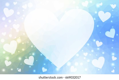 Light Blue, Green vector love background with heart. Paper note. Valentine's greeting polygonal card. Triangular illustration for your business. Stock template for your design.