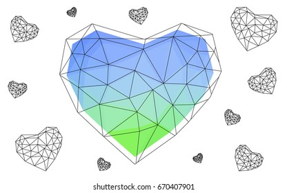 Light Blue, Green vector love background with heart. Paper note. Valentine's greeting polygonal card. Triangular illustration for your business. Stock template for your design.