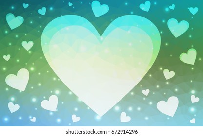 Light Blue, Green vector love background with heart. Paper note. Valentine's greeting polygonal card. Triangular illustration for your business. Stock template for your design.
