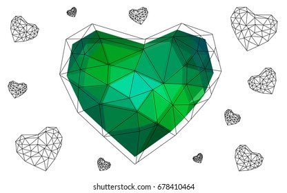 Light Blue, Green vector love background with heart. Paper note. Valentine's greeting polygonal card. Triangular illustration for your business. Stock template for your design.