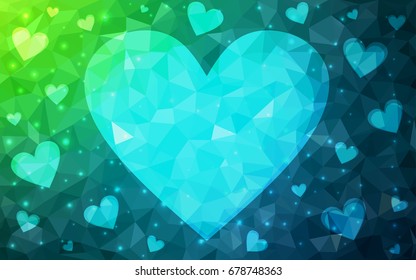 Light Blue, Green vector love background with heart. Paper note. Valentine's greeting polygonal card. Triangular illustration for your business. Stock template for your design.