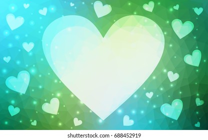 Light Blue, Green vector love background with heart. Paper note. Valentine's greeting polygonal card. Triangular illustration for your business. Stock template for your design.