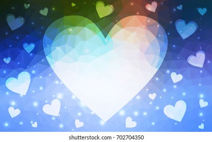 Light Blue, Green vector love background with heart. Paper note. Valentine's greeting polygonal card. Triangular illustration for your business. Stock template for your design.