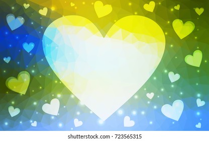 Light Blue, Green vector love background with heart. Paper note. Valentine's greeting polygonal card. Triangular illustration for your business. Stock template for your design.