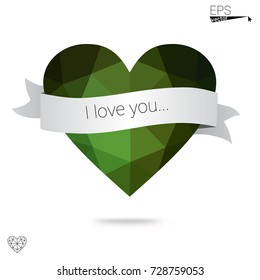 Light Blue, Green vector love background with heart. Paper note. Valentine's greeting polygonal card. Triangular illustration for your business. Stock template for your design.