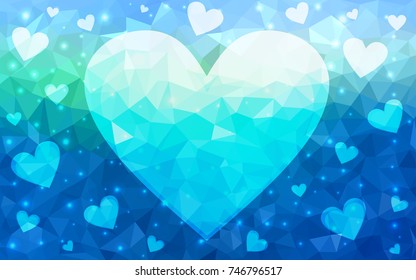 Light Blue, Green vector love background with heart. Paper note. Valentine's greeting polygonal card. Triangular illustration for your business. Stock template for your design.