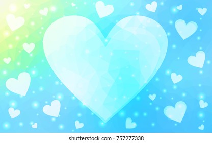 Light Blue, Green vector love background with heart. Paper note. Valentine's greeting polygonal card. Triangular illustration for your business. Stock template for your design.