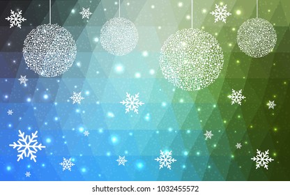 Light Blue Green vector low poly crystal background with snowflakes. Polygon christmas design pattern . Low poly illustration of New Year celebration.