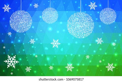 Light Blue Green vector low poly crystal background with snowflakes. Polygon christmas design pattern . Low poly illustration of New Year celebration.