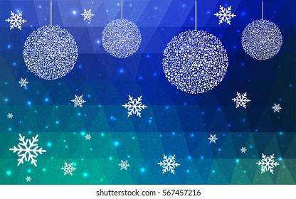 Light Blue Green vector low poly crystal background with snowflakes. Polygon christmas design pattern . Low poly illustration of New Year celebration.