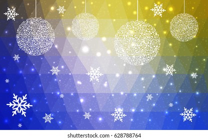 Light Blue, Green vector low poly crystal background with snowflakes. Polygon christmas design pattern. Low poly illustration of New Year celebration.