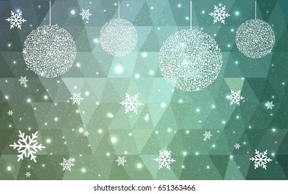 Light Blue Green vector low poly crystal background with snowflakes. Polygon christmas design pattern. Low poly illustration of New Year celebration.