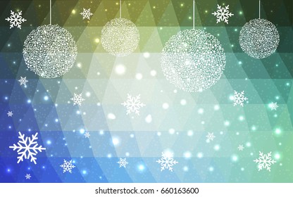 Light Blue Green vector low poly crystal background with snowflakes. Polygon christmas design pattern . Low poly illustration of New Year celebration.