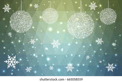 Light Blue Green vector low poly crystal background with snowflakes. Polygon christmas design pattern . Low poly illustration of New Year celebration.