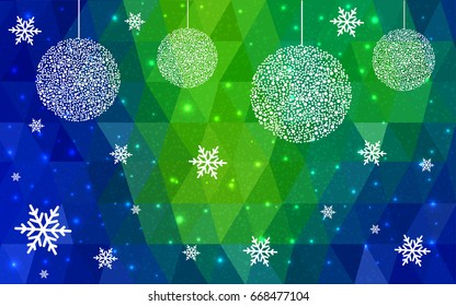 Light Blue Green vector low poly crystal background with snowflakes. Polygon christmas design pattern . Low poly illustration of New Year celebration.