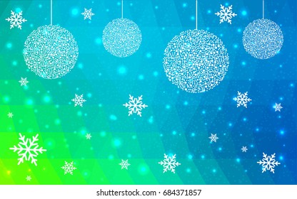 Light Blue Green vector low poly crystal background with snowflakes. Polygon christmas design pattern . Low poly illustration of New Year celebration.
