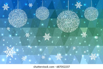Light Blue Green vector low poly crystal background with snowflakes. Polygon christmas design pattern . Low poly illustration of New Year celebration.
