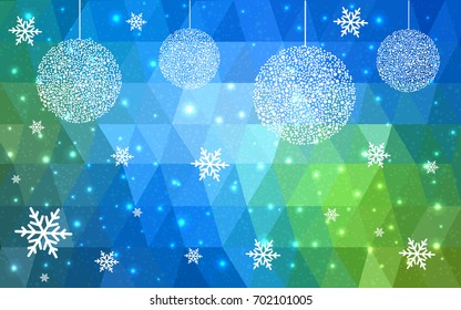 Light Blue Green vector low poly crystal background with snowflakes. Polygon christmas design pattern . Low poly illustration of New Year celebration.