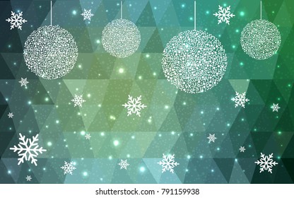 Light Blue Green vector low poly crystal background with snowflakes. Polygon christmas design pattern . Low poly illustration of New Year celebration.