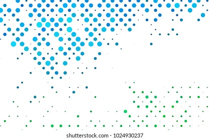 Light Blue, Green vector modern geometrical circle abstract background. Dotted texture template. Geometric pattern in halftone style with gradient. 