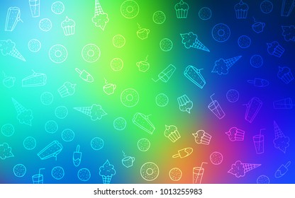 Light Blue, Green vector pattern with delicious cookies. Decorative shining illustration with sweets on abstract template. Pattern for ad, booklets, leaflets of restaurants.