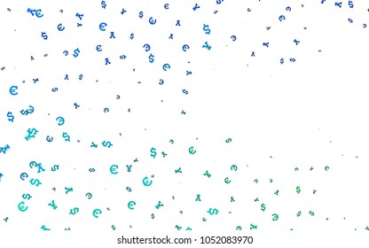 Light Blue, Green vector pattern with Euro, Dollar, Yen. Illustration with EUR, USD, JPY signs on white template. The pattern can be used for ad, booklets, leaflets of banks.