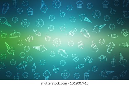 Light Blue, Green vector pattern with delicious cookies. Beautiful colored illustration with candies in doodle style. Pattern for menu of cafes and restaurants.