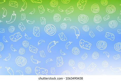 Light Blue, Green vector pattern with fresh ingredients. Fast Food on blurred abstract background with colorful gradient. Doodle design for your business advert of cafes.